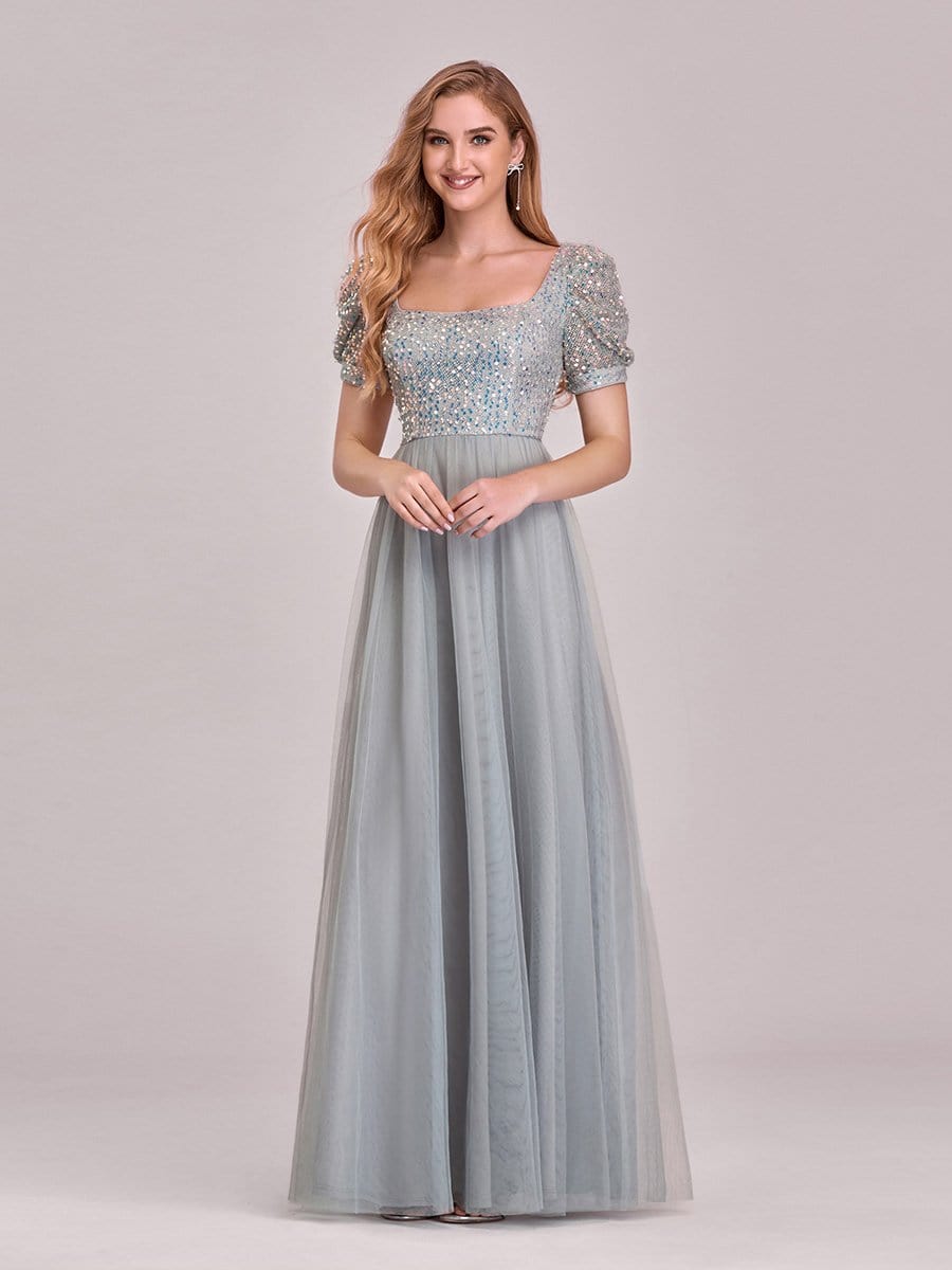 Color=Grey | Gorgeous Square Neckline A-Line Sequin & Tulle Prom Dresses-Grey 1