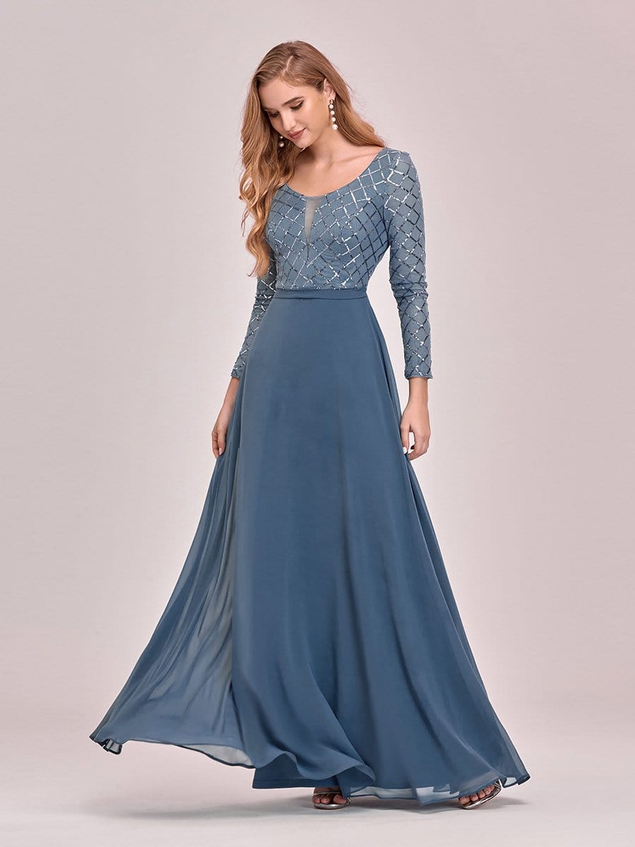 Color=Dusty Navy | Women'S Round Neck High Waist A-Line Chiffon Evening Gown-Dusty Navy 2