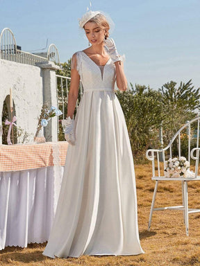 Color=Cream | Simple Deep V Neck Satin Wedding Dress With Tasseled Sleeves-Cream 3