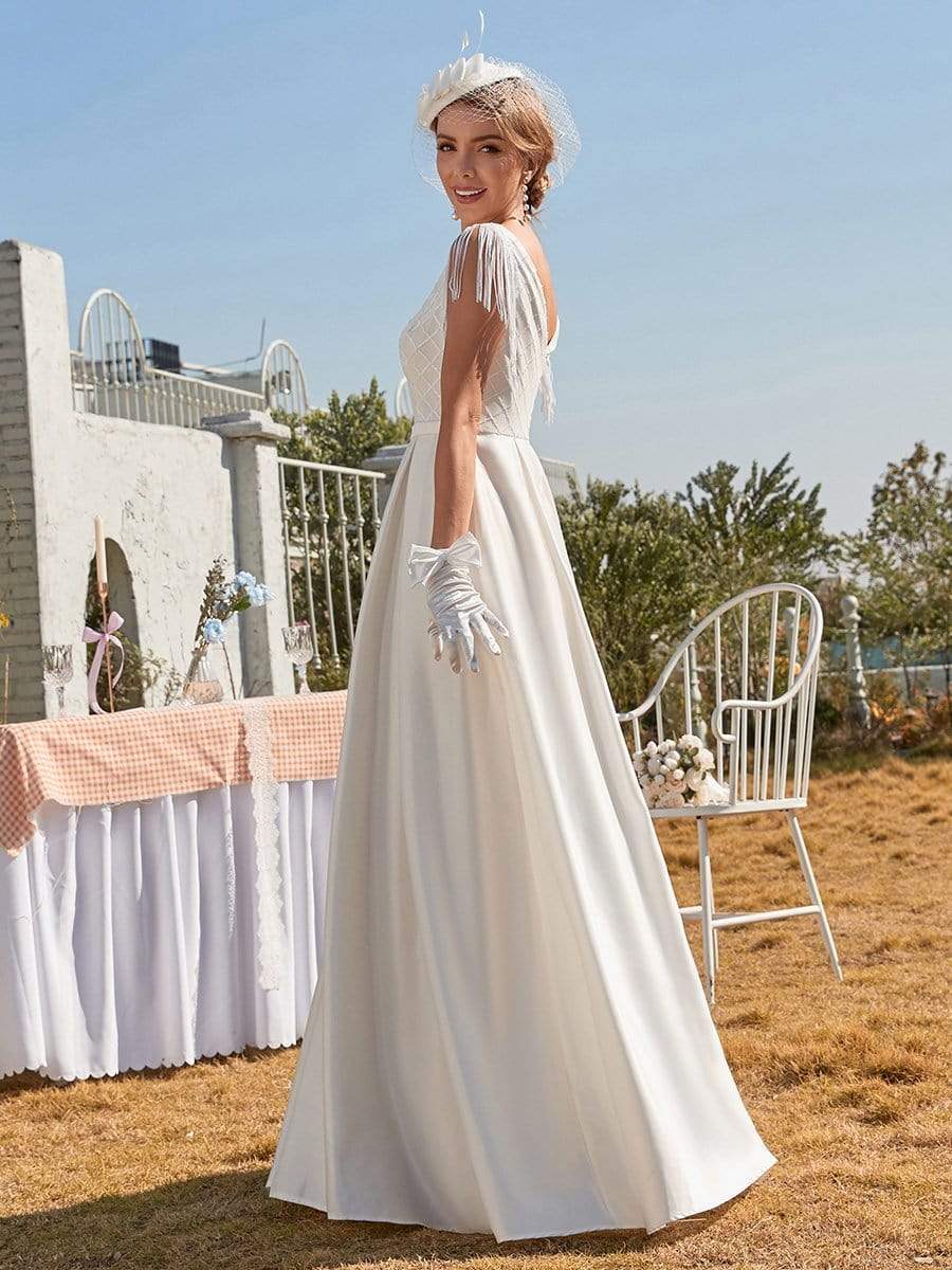 Color=Cream | Simple Deep V Neck Satin Wedding Dress With Tasseled Sleeves-Cream 4