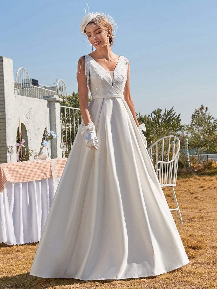 Color=Cream | Simple Deep V Neck Satin Wedding Dress With Tasseled Sleeves-Cream 1
