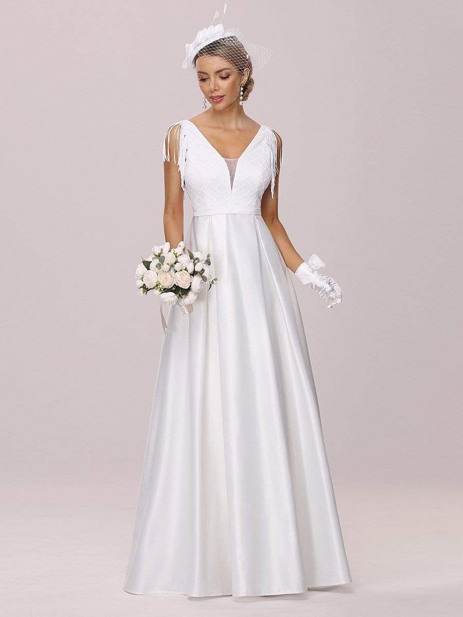 Color=Cream | Simple Deep V Neck Satin Wedding Dress With Tasseled Sleeves-Cream 5