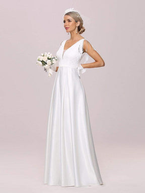Color=Cream | Simple Deep V Neck Satin Wedding Dress With Tasseled Sleeves-Cream 6