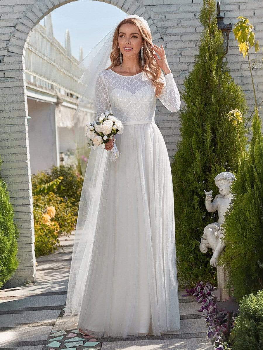 Color=Cream | Minimalist Maxi Tulle Wedding Dress With Long Sleeves-Cream 1