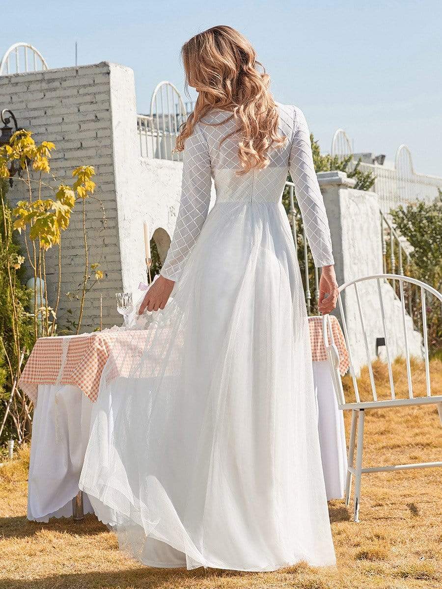 Color=Cream | Minimalist Maxi Tulle Wedding Dress With Long Sleeves-Cream 3