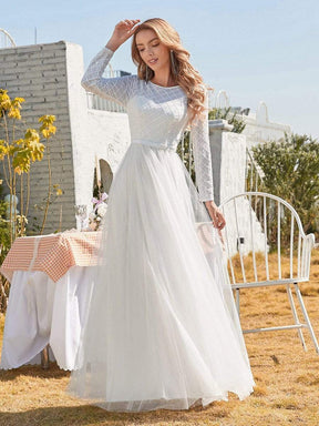Color=Cream | Minimalist Maxi Tulle Wedding Dress With Long Sleeves-Cream 4