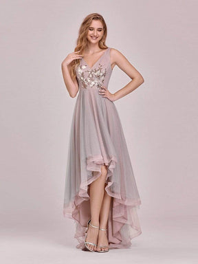 Color=Pink | Fancy V Neck Sleeveless High-Low Prom Dress For Women-Pink 1