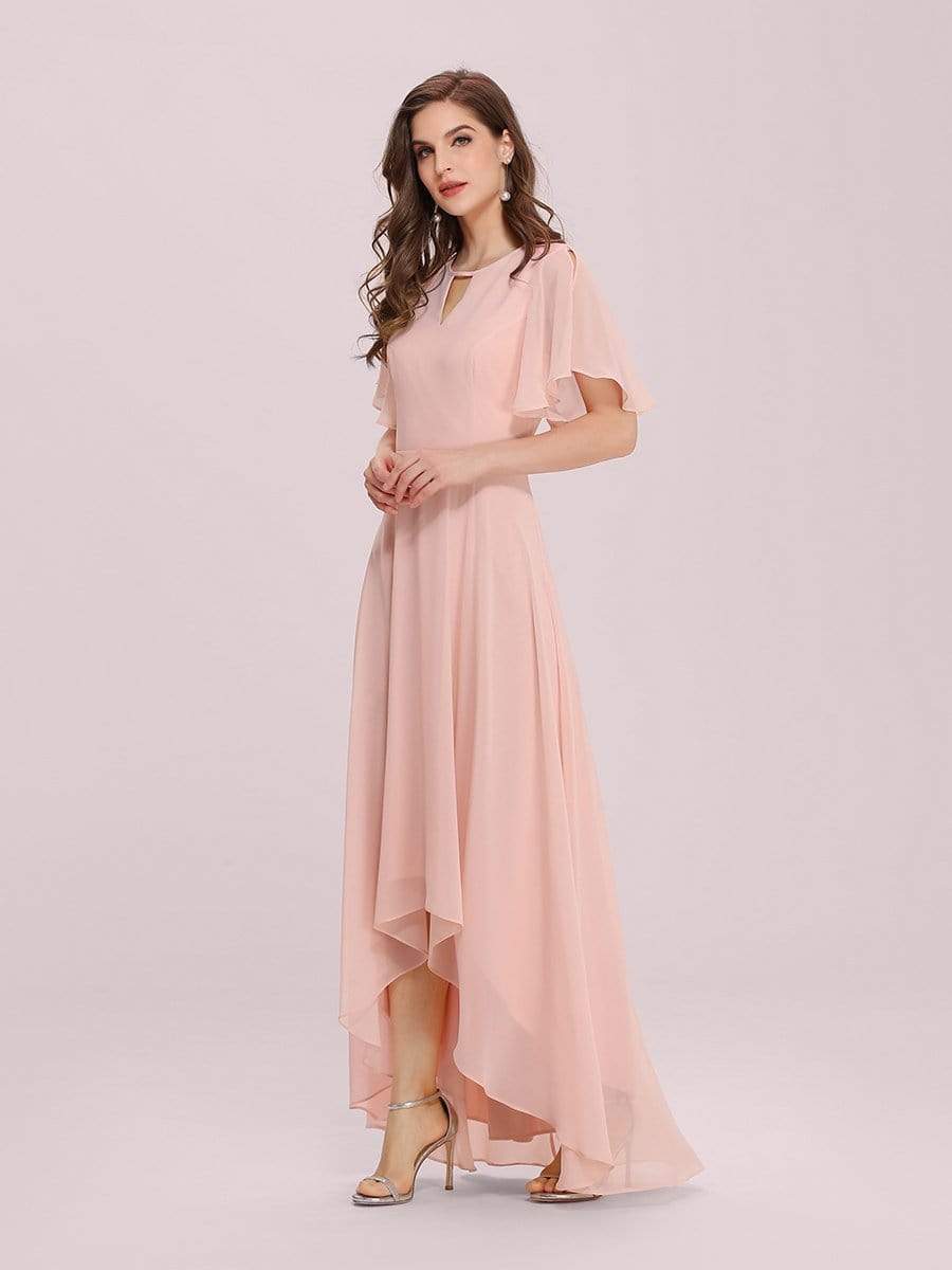Color=Pink | Cute High Waist Chiffon Bridesmaid Dress With Asymmetrical Hem-Pink 3