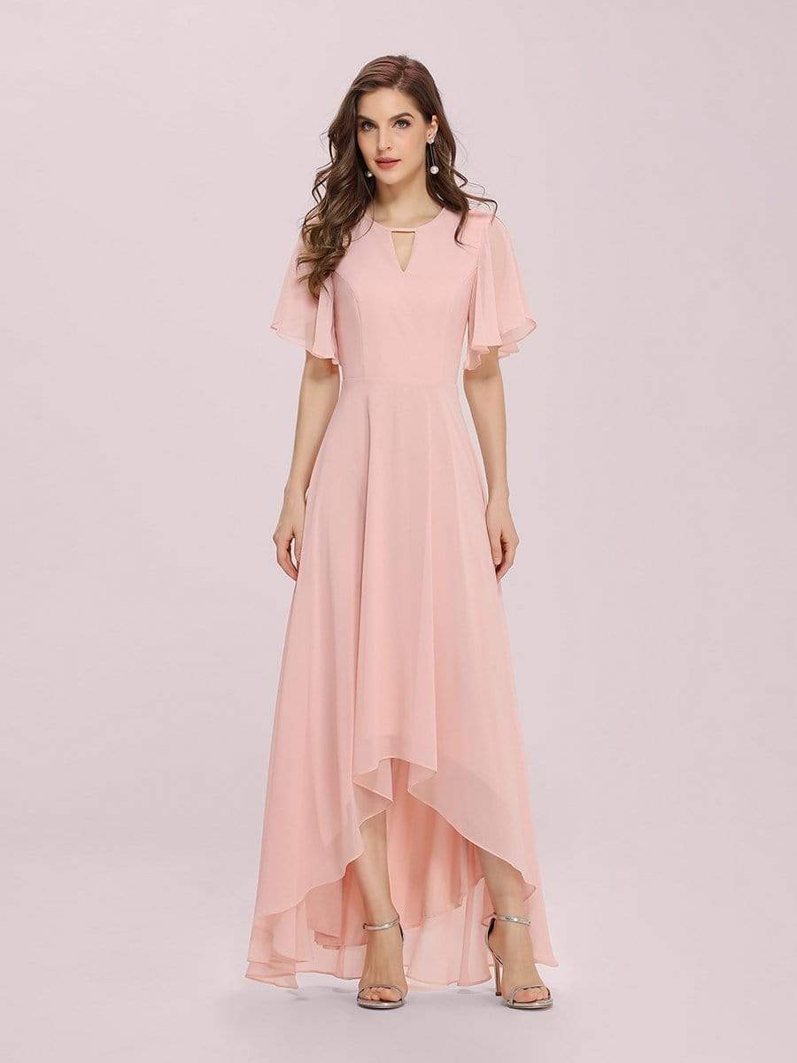 Color=Pink | Cute High Waist Chiffon Bridesmaid Dress With Asymmetrical Hem-Pink 1