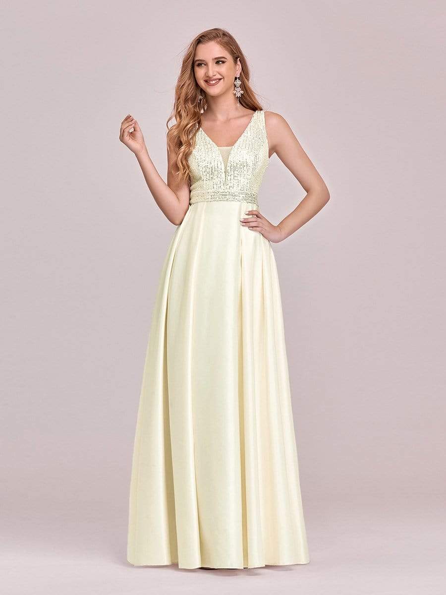 Color=Yellow | Sweet Double V Neck A-Line Satin Prom Dress With Sequin-Yellow 1