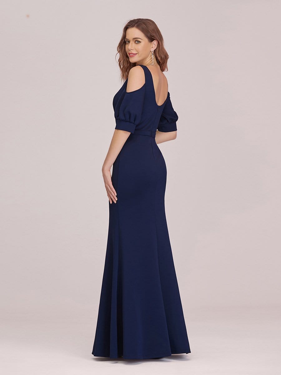 Color=Navy Blue | Fashion Round Neck Fishtail Maxi Evening Dress With Cold Shoulder-Navy Blue 2