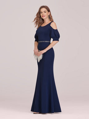 Color=Navy Blue | Fashion Round Neck Fishtail Maxi Evening Dress With Cold Shoulder-Navy Blue 3
