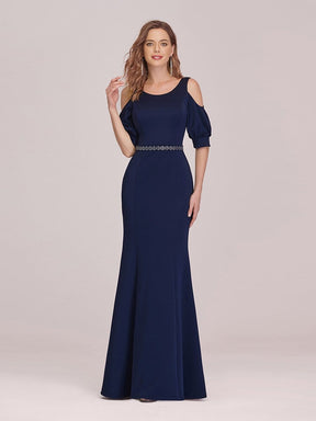 Color=Navy Blue | Fashion Round Neck Fishtail Maxi Evening Dress With Cold Shoulder-Navy Blue 4