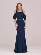 Color=Navy Blue | Fashion Round Neck Fishtail Maxi Evening Dress With Cold Shoulder-Navy Blue 1