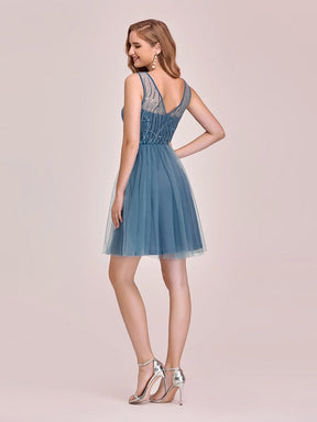 Color=Dusty Navy | Feminine Round Neck Tulle Mini Formal Dress With Sequin-Dusty Navy 2