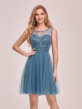 Color=Dusty Navy | Feminine Round Neck Tulle Mini Formal Dress With Sequin-Dusty Navy 1
