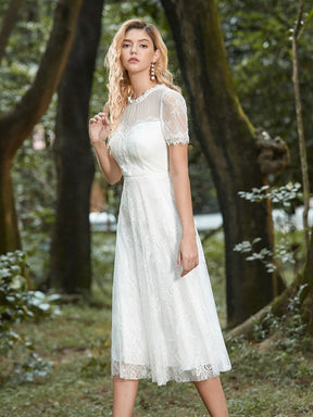 Color=Cream | Cute Round Neck Midi-Length Lace & Tulle Casual Dress For Wedding-Cream 5