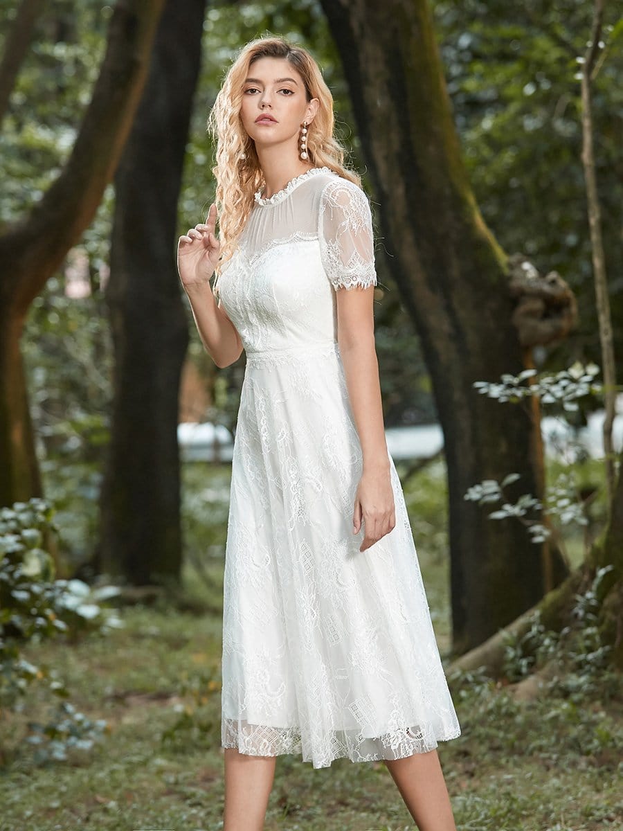 Color=Cream | Cute Round Neck Midi-Length Lace & Tulle Casual Dress For Wedding-Cream 5