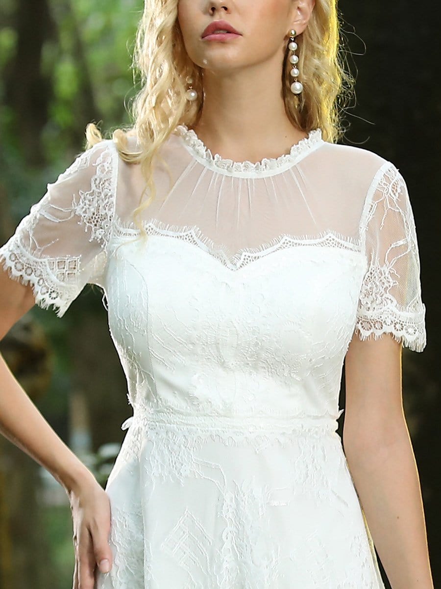 Color=Cream | Cute Round Neck Midi-Length Lace & Tulle Casual Dress For Wedding-Cream 5