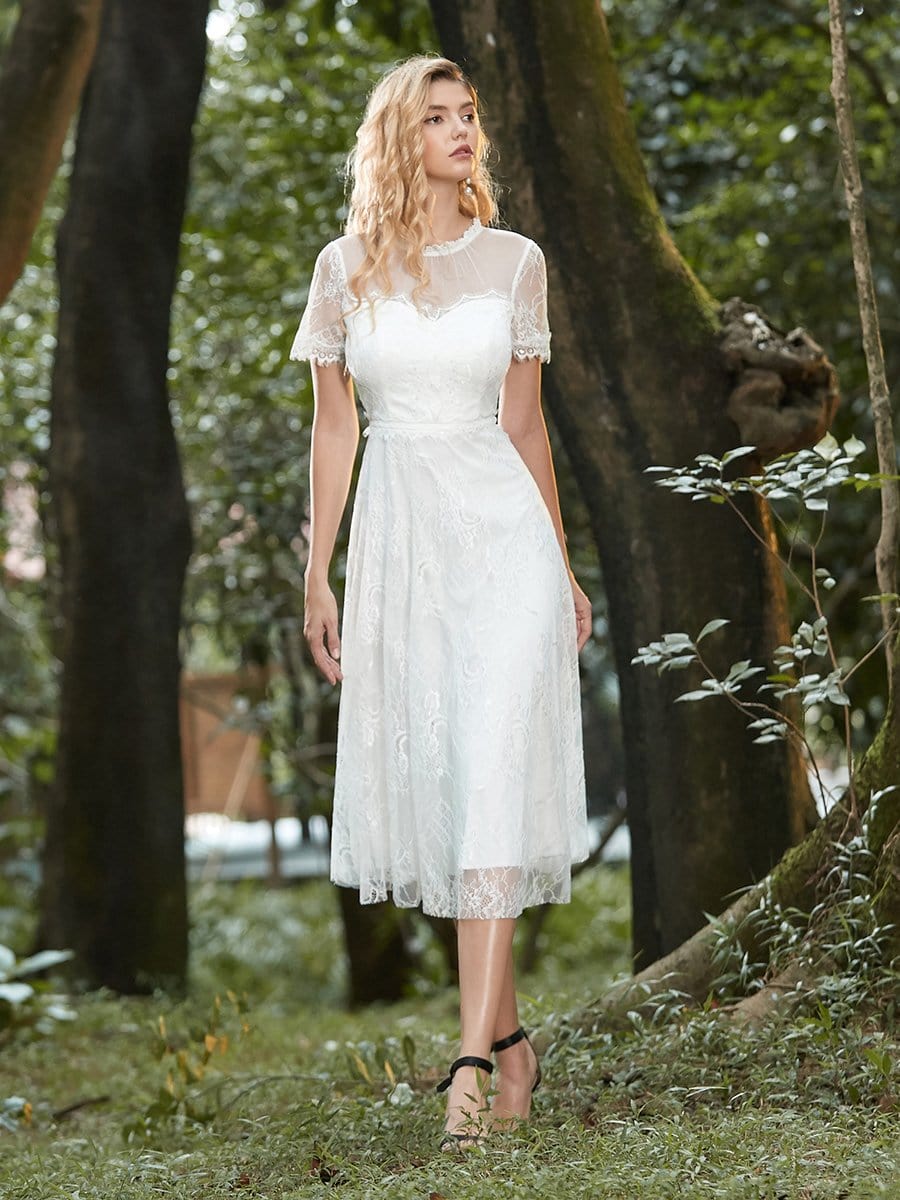 Lace Wedding Dress | Midi-length Round Neck See-through