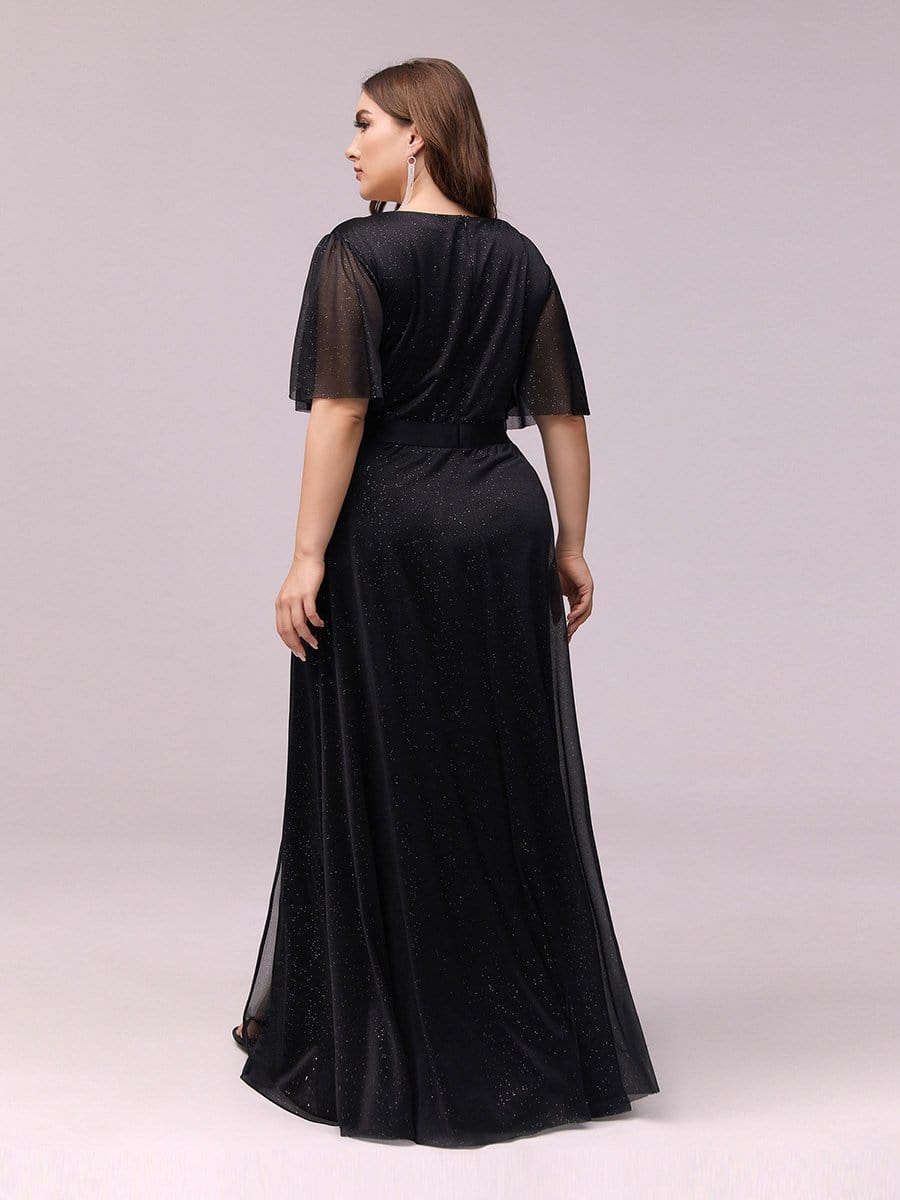 Color=Black | Women'S Sexy High Waist Plus Size Evening Dress With Short Sleeves-Black 2
