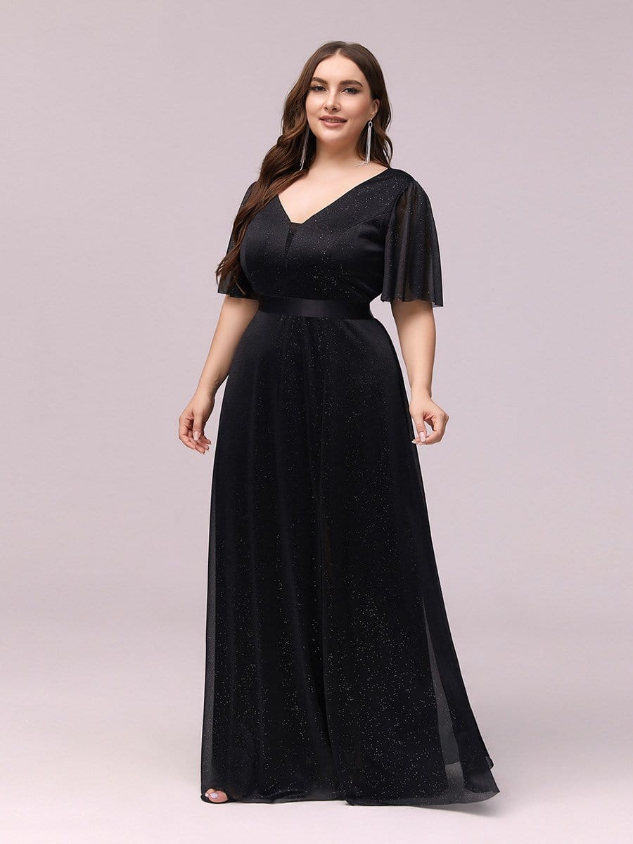 Color=Black | Women'S Sexy High Waist Plus Size Evening Dress With Short Sleeves-Black 3
