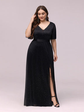 Color=Black | Women'S Sexy High Waist Plus Size Evening Dress With Short Sleeves-Black 4