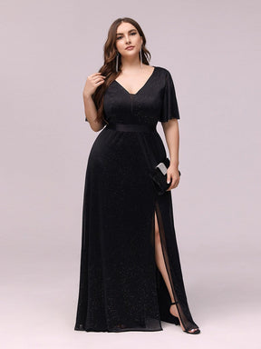Color=Black | Women'S Sexy High Waist Plus Size Evening Dress With Short Sleeves-Black 1