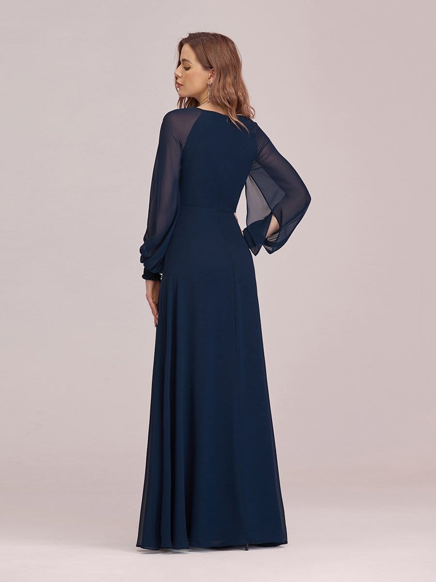 Color=Navy Blue | Casual Long Sleeve Maxi A-Line Chiffon Evening Dress-Navy Blue 2