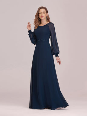 Color=Navy Blue | Casual Long Sleeve Maxi A-Line Chiffon Evening Dress-Navy Blue 3