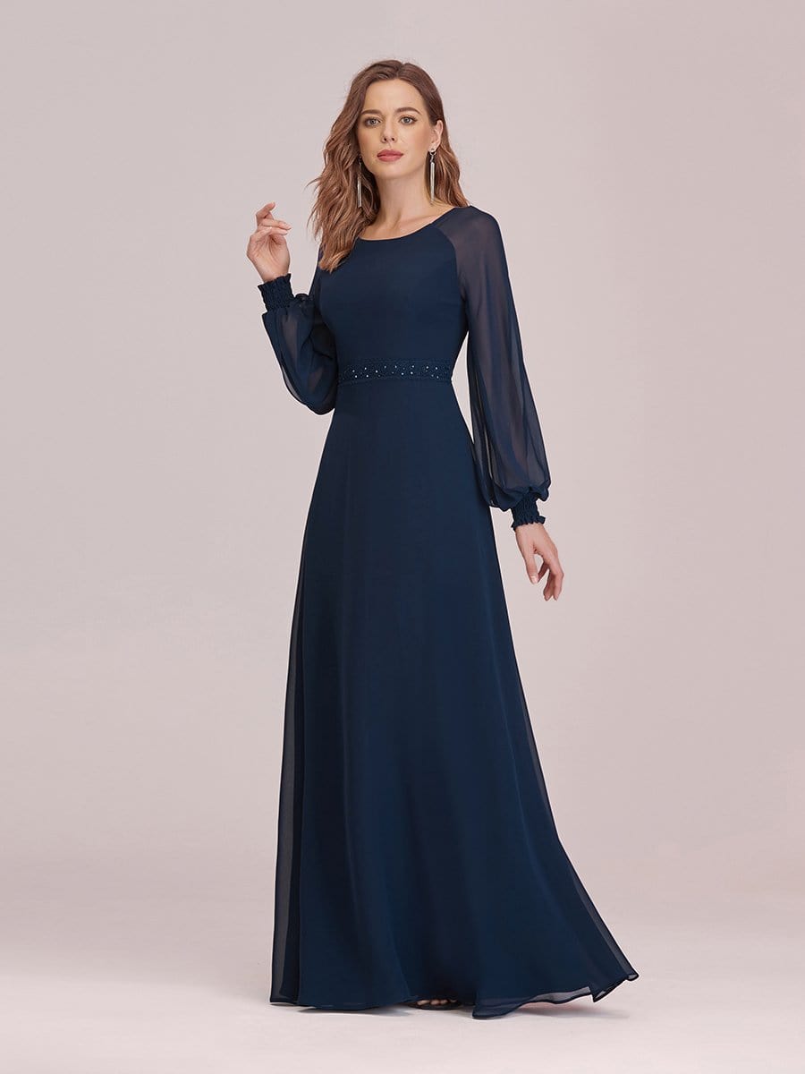 Color=Navy Blue | Casual Long Sleeve Maxi A-Line Chiffon Evening Dress-Navy Blue 3