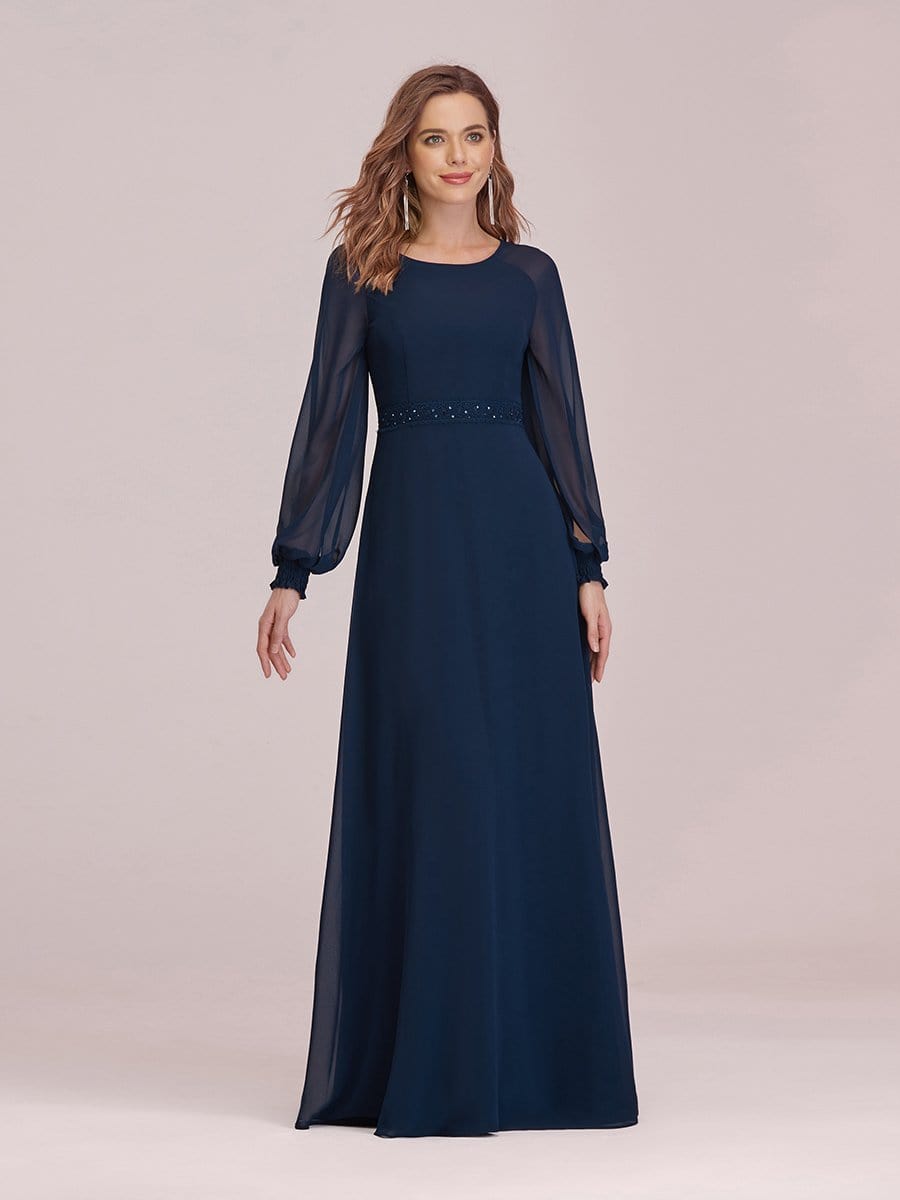 Color=Navy Blue | Casual Long Sleeve Maxi A-Line Chiffon Evening Dress-Navy Blue 4