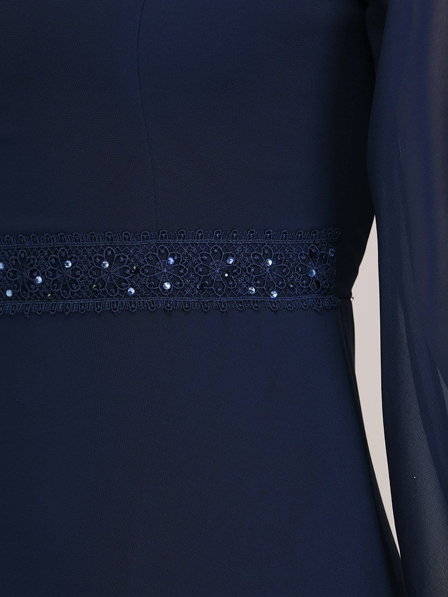 Color=Navy Blue | Casual Long Sleeve Maxi A-Line Chiffon Evening Dress-Navy Blue 5