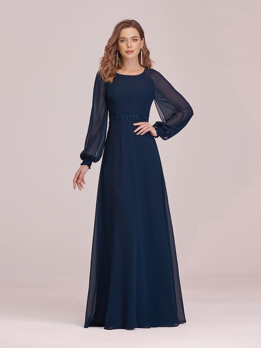 Color=Navy Blue | Casual Long Sleeve Maxi A-Line Chiffon Evening Dress-Navy Blue 1