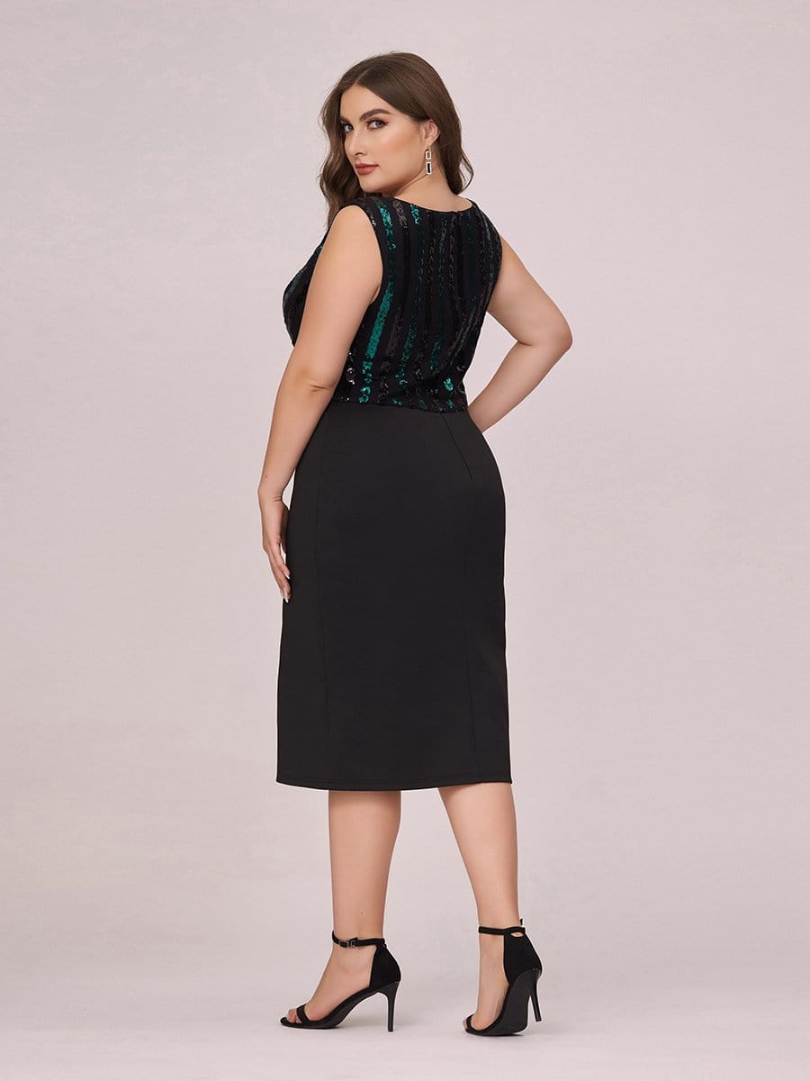 Color=Black | Women'S Plus Size V Neck Sequin Midi-Length Party Dress-Black 2