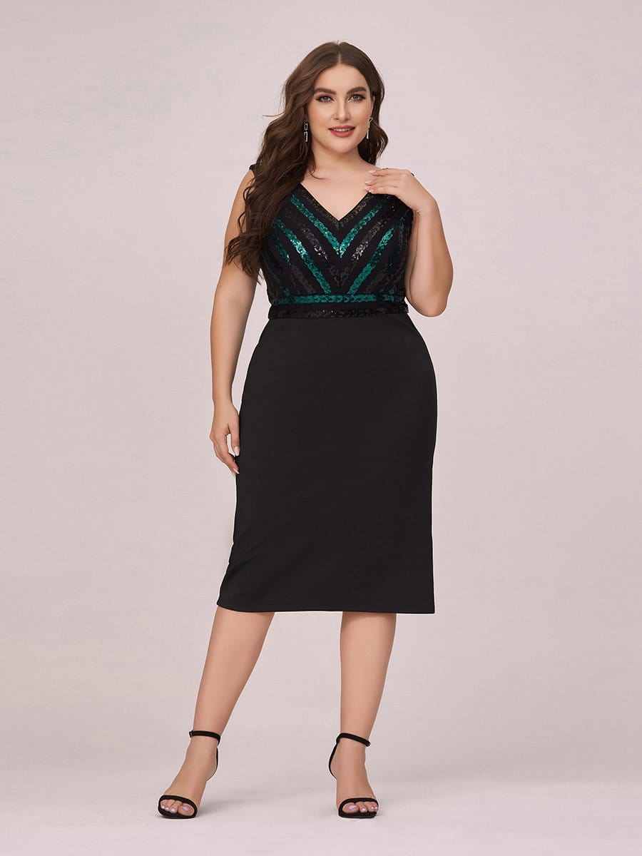 Color=Black | Women'S Plus Size V Neck Sequin Midi-Length Party Dress-Black 4