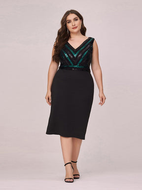 Color=Black | Women'S Plus Size V Neck Sequin Midi-Length Party Dress-Black 1