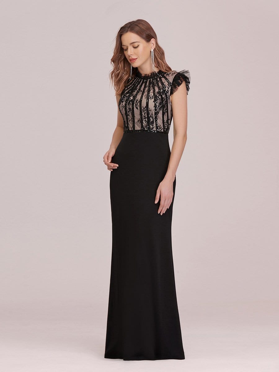 Color=Black | Elegant Floor Length Lace Fishtail Evening Dress With Ruffles-Black 3