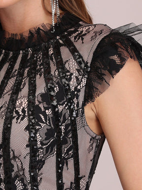 Color=Black | Elegant Floor Length Lace Fishtail Evening Dress With Ruffles-Black 5