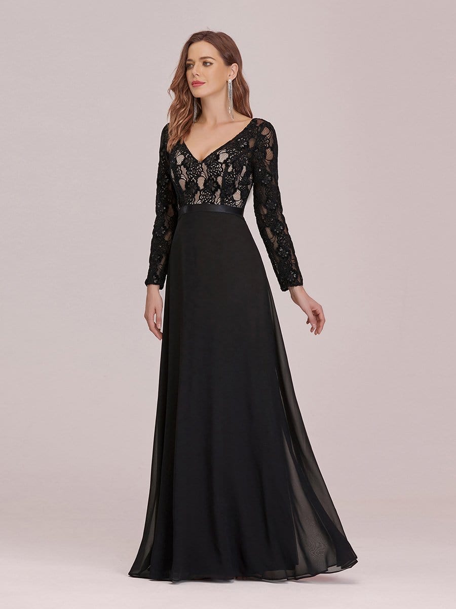 Color=Black | Chic A-Line Maxi Chiffon Evening Gowns With See-Through Lace-Black 3