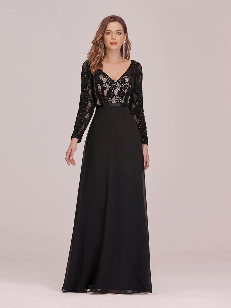 Color=Black | Chic A-Line Maxi Chiffon Evening Gowns With See-Through Lace-Black 1