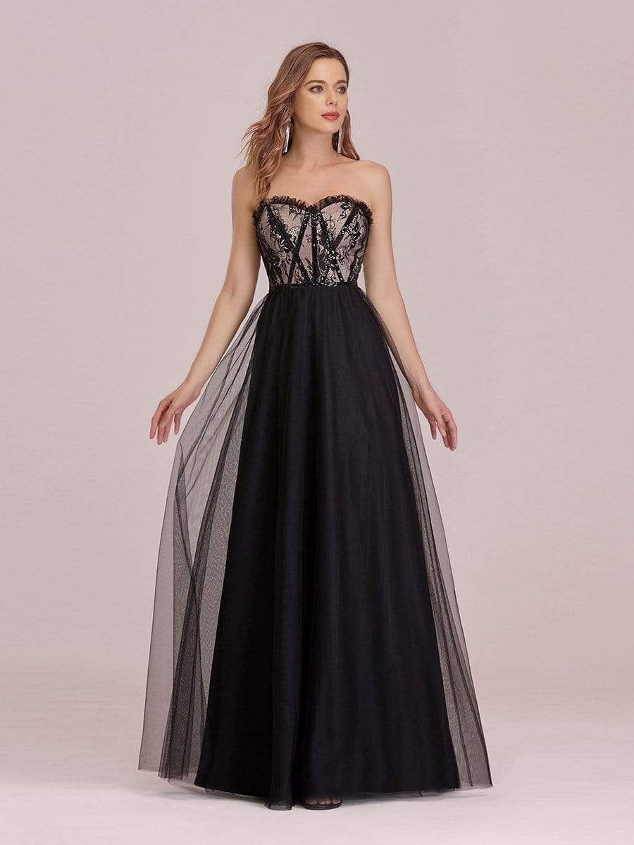 Color=Black | Sexy Off Shoulder Tulle Formal Evening Dresses With Lace-Black 4