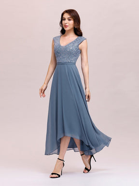 Color=Dusty Navy | Trendy V Neck High Waist Chiffon Cocktail Dress For Women-Dusty Navy 4