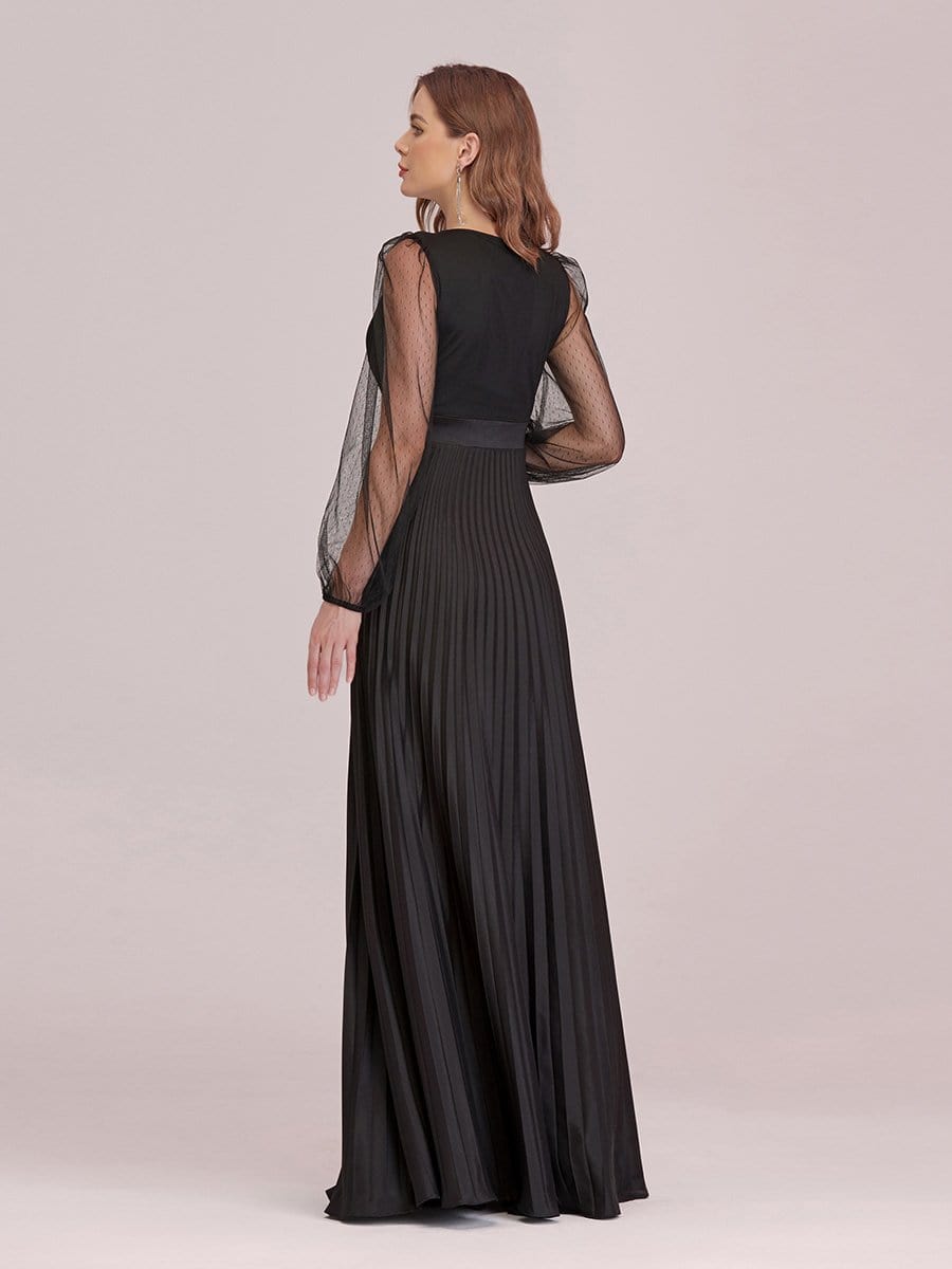 Color=Black | Women'S Maxi Pleated Evening Dress With See Through Long Sleeves-Black 2