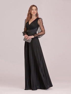 Color=Black | Women'S Maxi Pleated Evening Dress With See Through Long Sleeves-Black 3