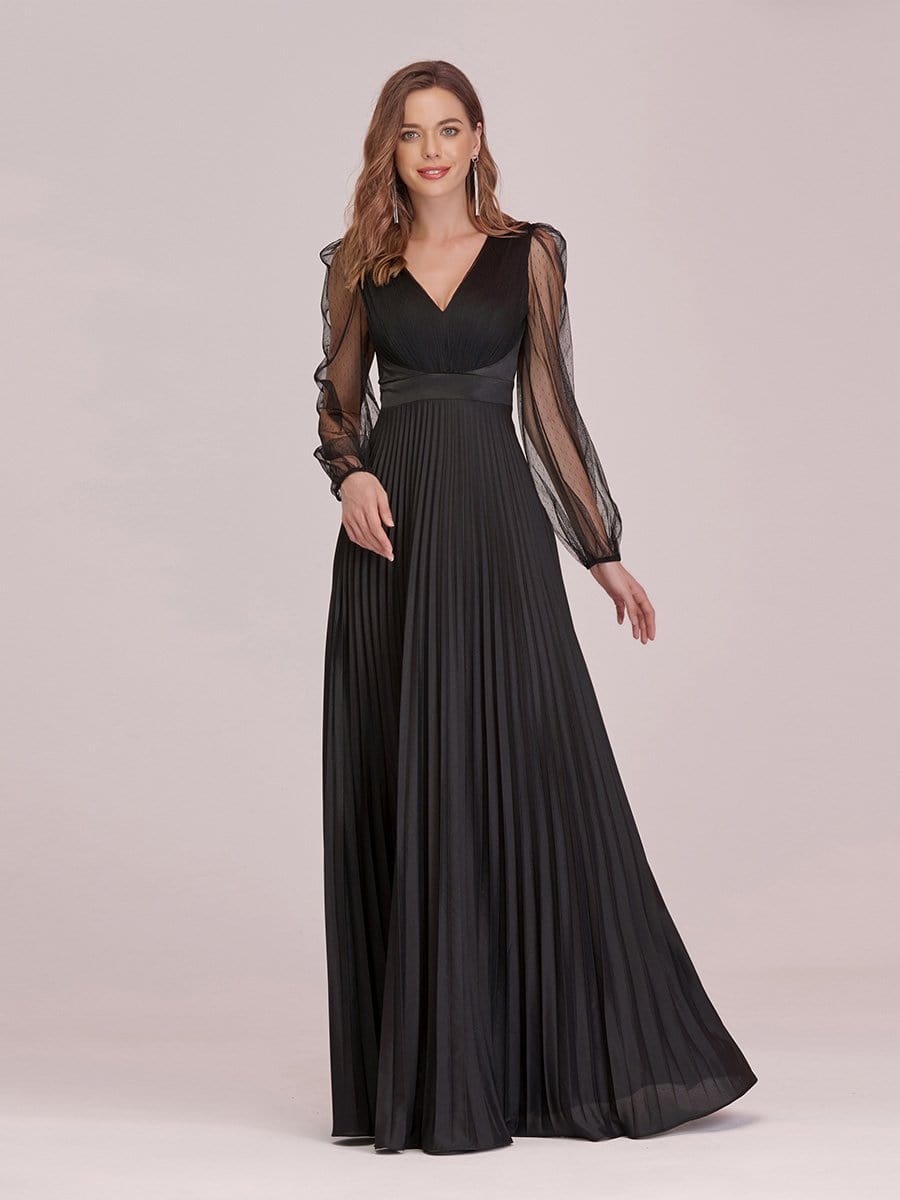 Color=Black | Women'S Maxi Pleated Evening Dress With See Through Long Sleeves-Black 4