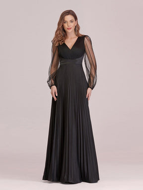 Color=Black | Women'S Maxi Pleated Evening Dress With See Through Long Sleeves-Black 1