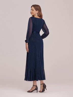 Color=Navy Blue | Women'S Simple V Neck Midi-Length Casual Dress With Long Sleeves-Navy Blue 2