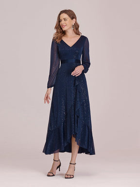 Color=Navy Blue | Women'S Simple V Neck Midi-Length Casual Dress With Long Sleeves-Navy Blue 3