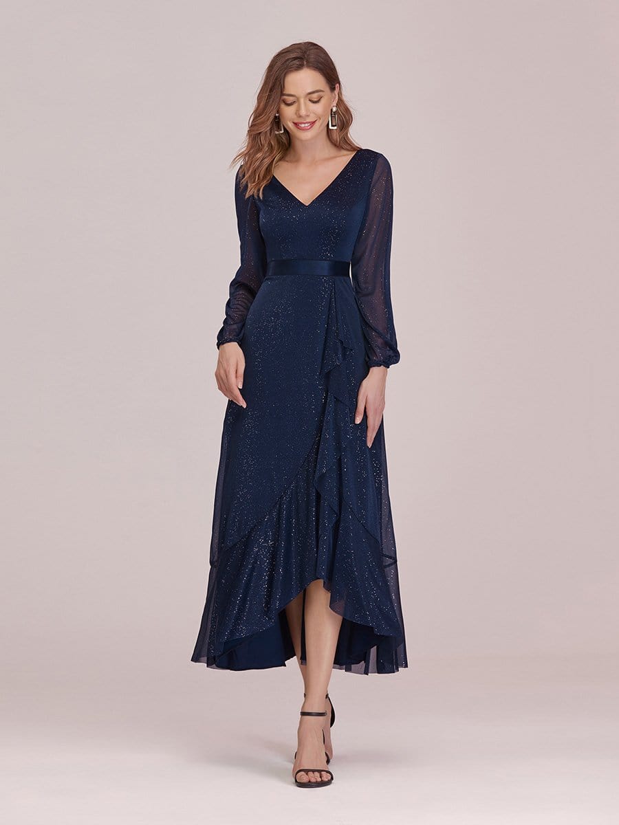 Color=Navy Blue | Women'S Simple V Neck Midi-Length Casual Dress With Long Sleeves-Navy Blue 4